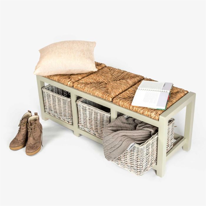 Wicker storage basket bench for living room