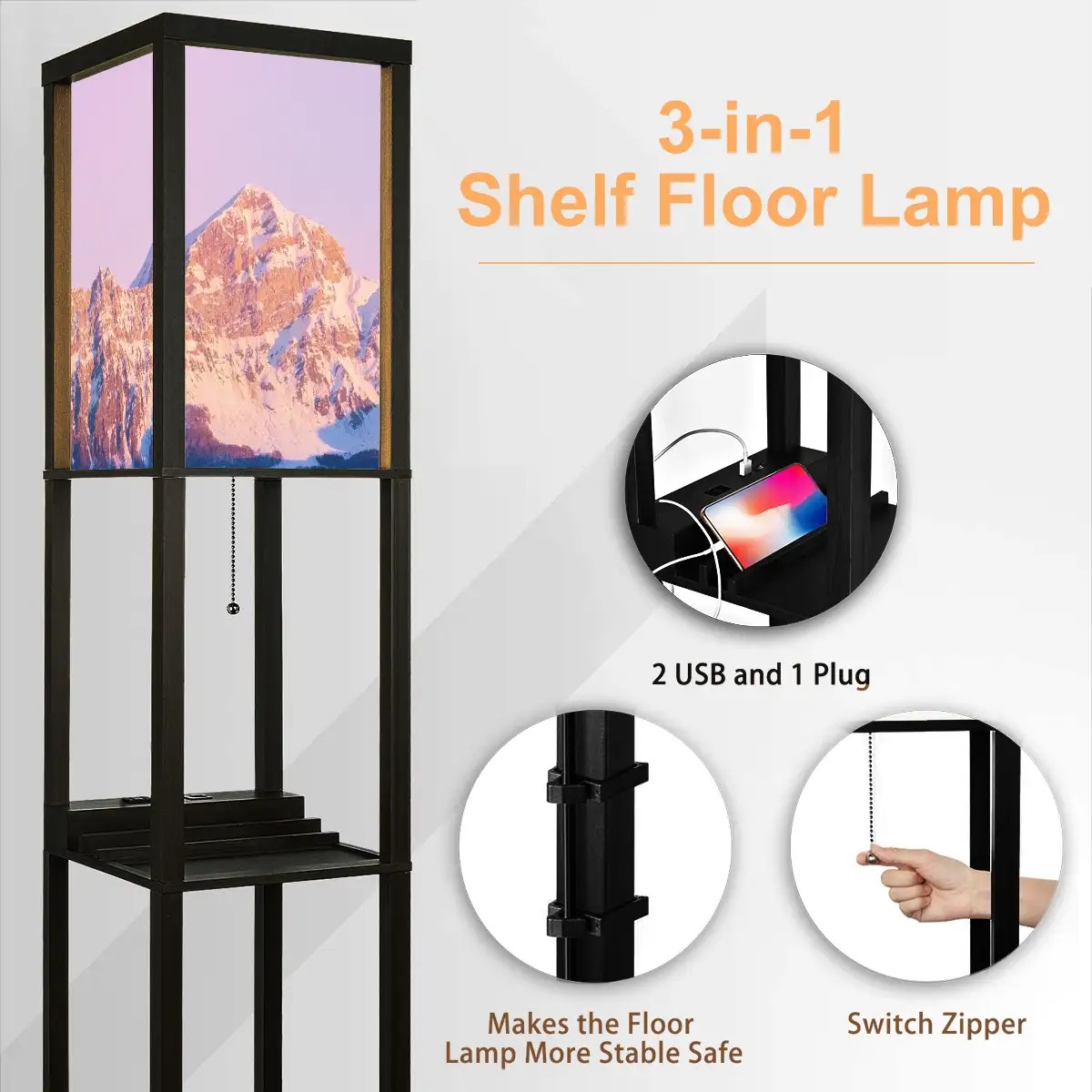 LED floor lamp with USB side shelf